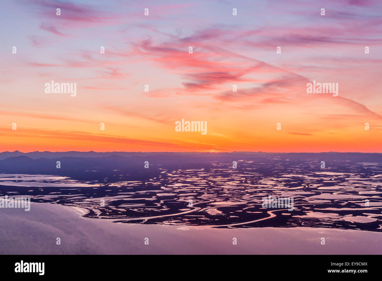 Aerial view of sunset over the wetlands of the Selawik National