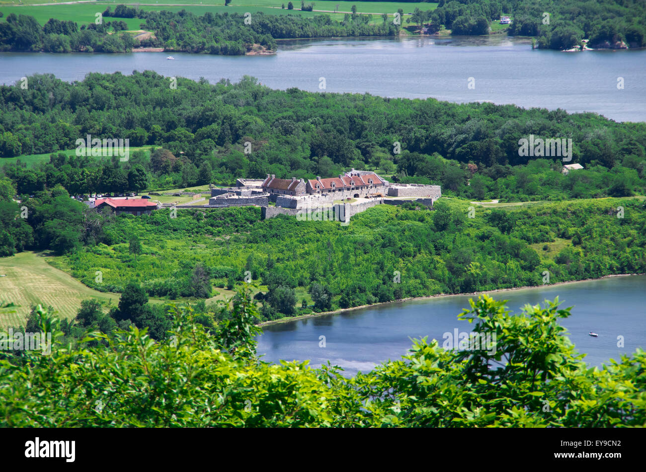 Fort Ticonderoga spreads out along edge of Lake Champlain, viewed from