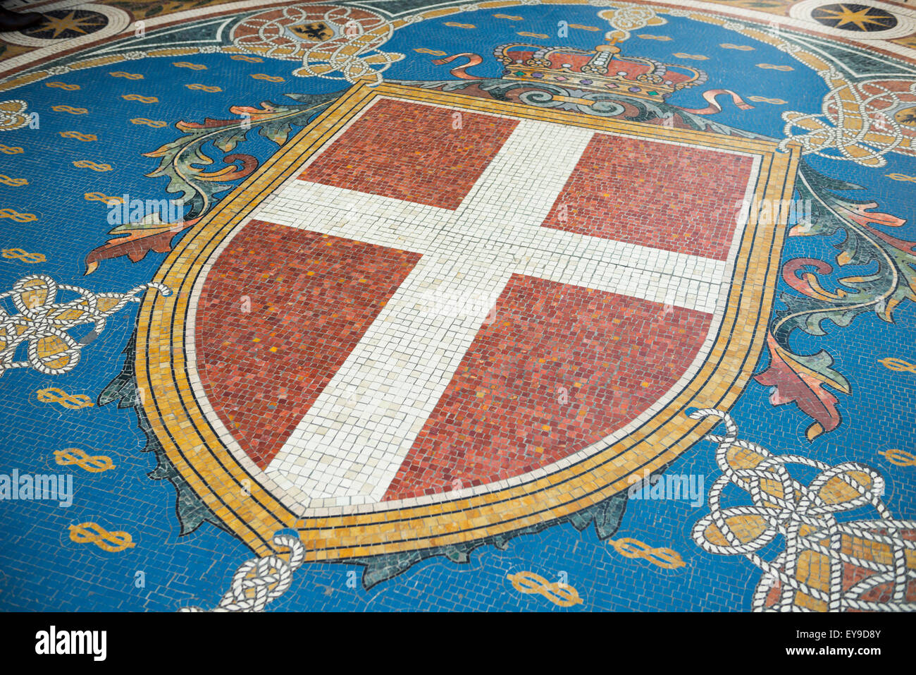Milan flag as tile mosaic on floor; Milan, Lombardy, Italy Stock Photo