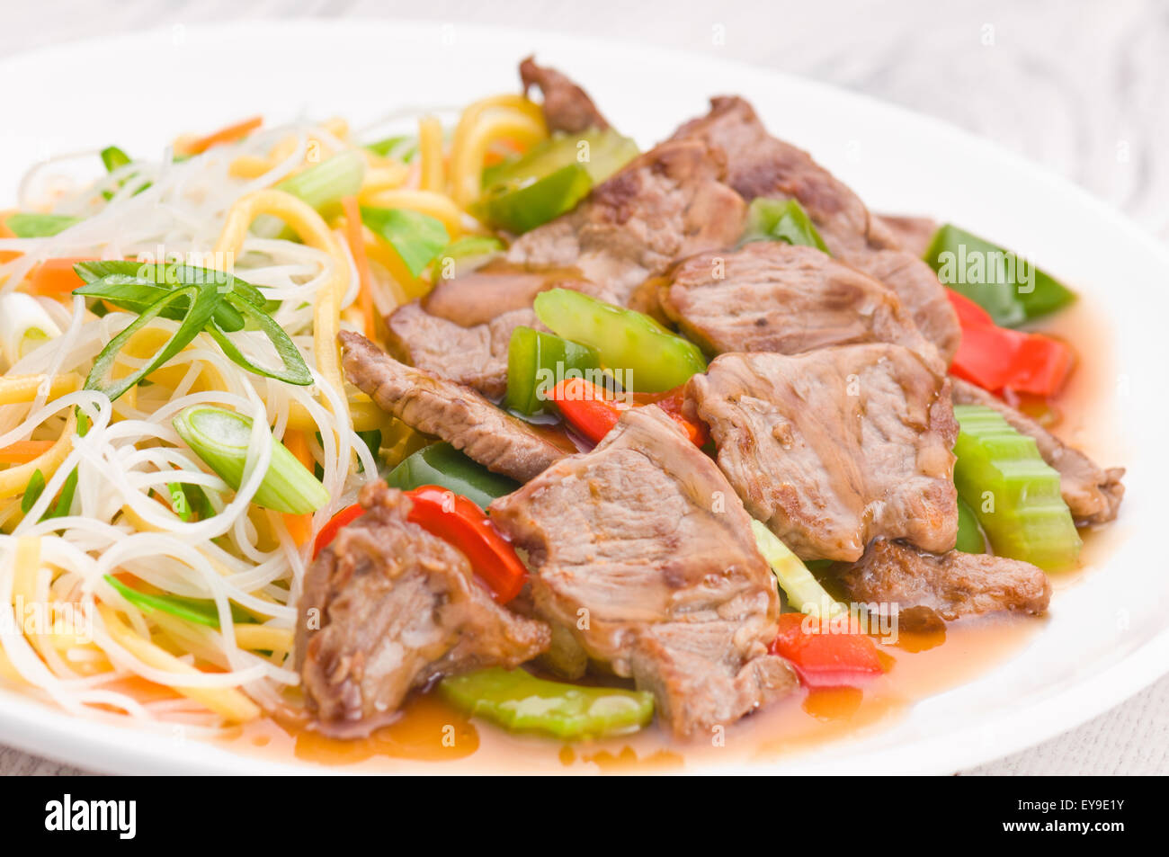 North Asian dish Mongolian Noodles with Beef Stock Photo Alamy