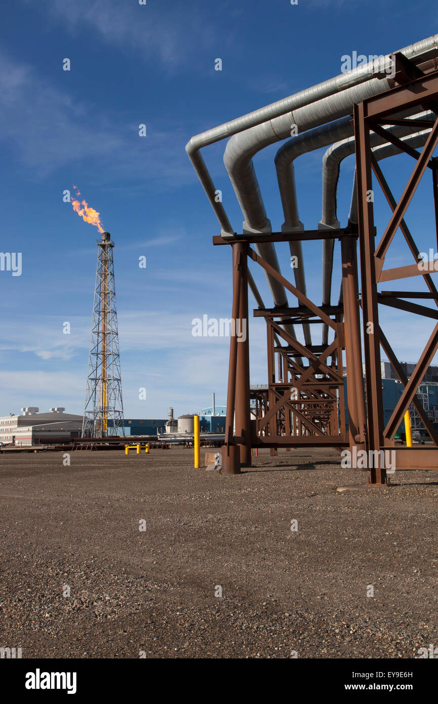 Elevated oil pipelines and a flare tower on Endicott Island in the Prudhoe Bay Oil field, North Slope, Arctic Alaska, Summer Stock Photo