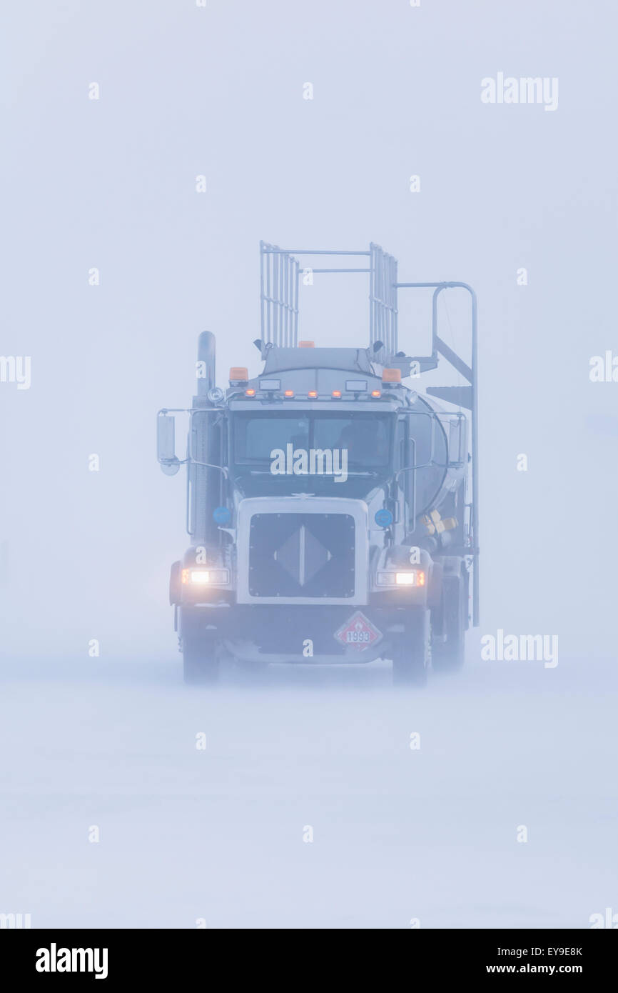 Fuel truck driving in blizzard conditions in the Prudhoe Bay Oil Field