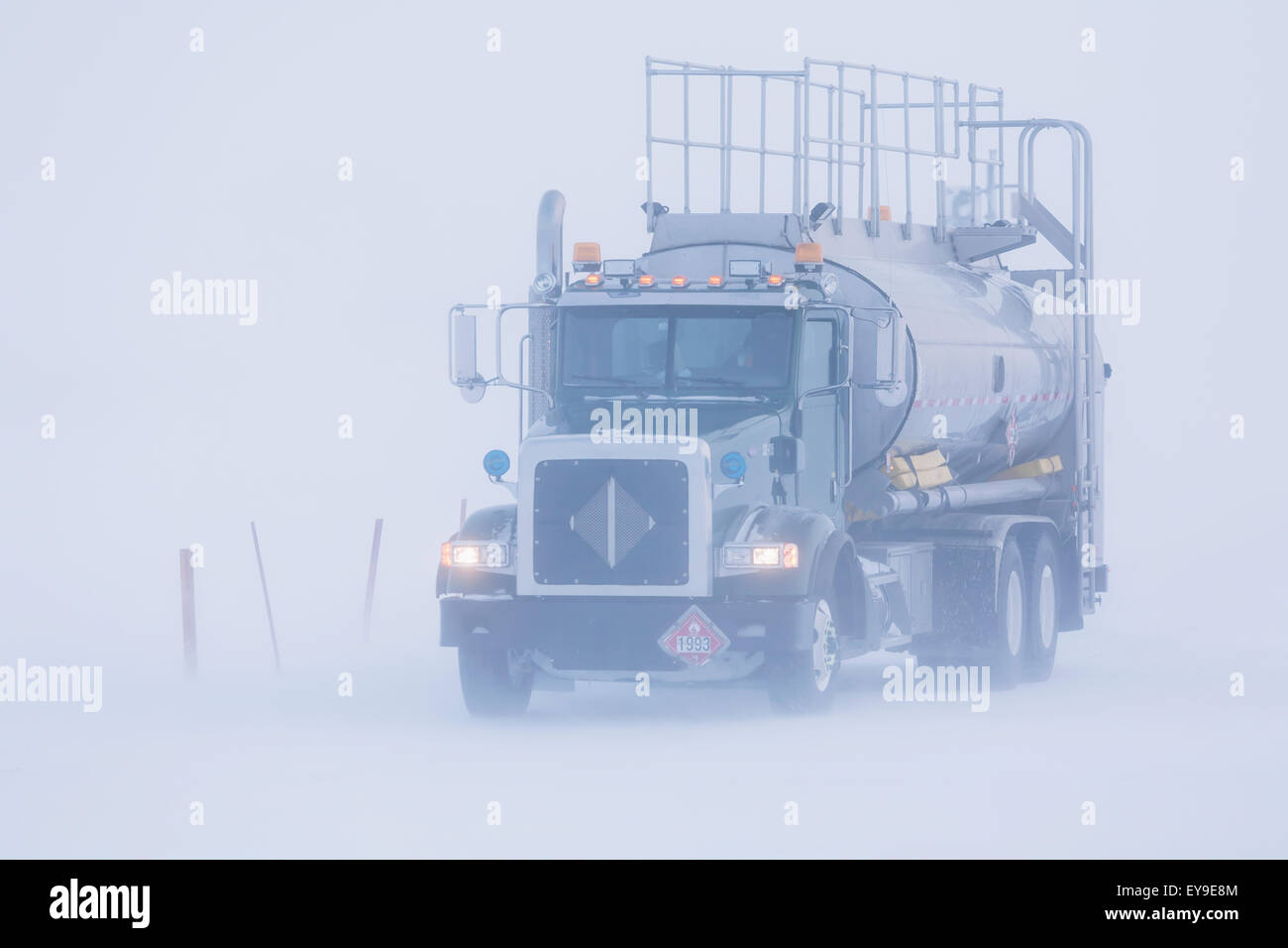 Fuel truck driving in blizzard conditions in the Prudhoe Bay Oil Field