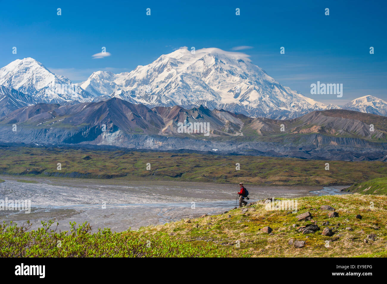 Hiker on a hillside in front of Mt. McKinley and Muldrow Glacier