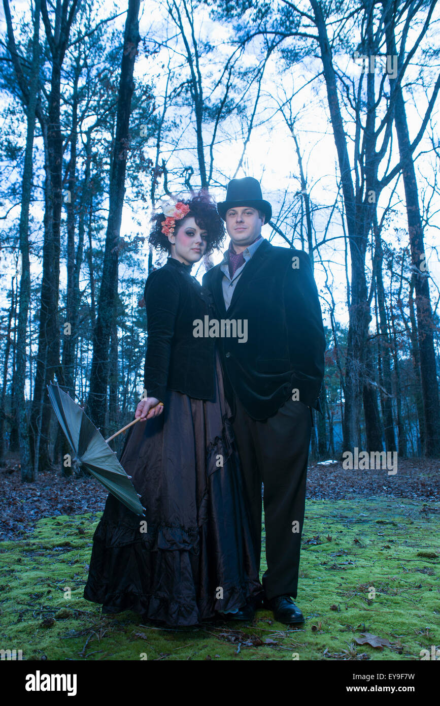 Couple dressed in gothic theme for their engagement portrait; Pittsboro, North Carolina, USA Stock Photo