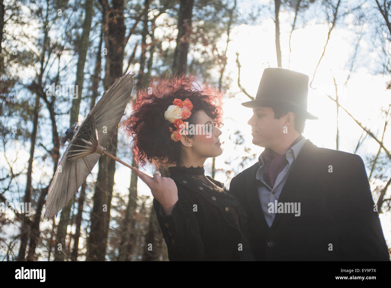 Couple dressed in gothic theme for their engagement portrait; Pittsboro, North Carolina, USA Stock Photo
