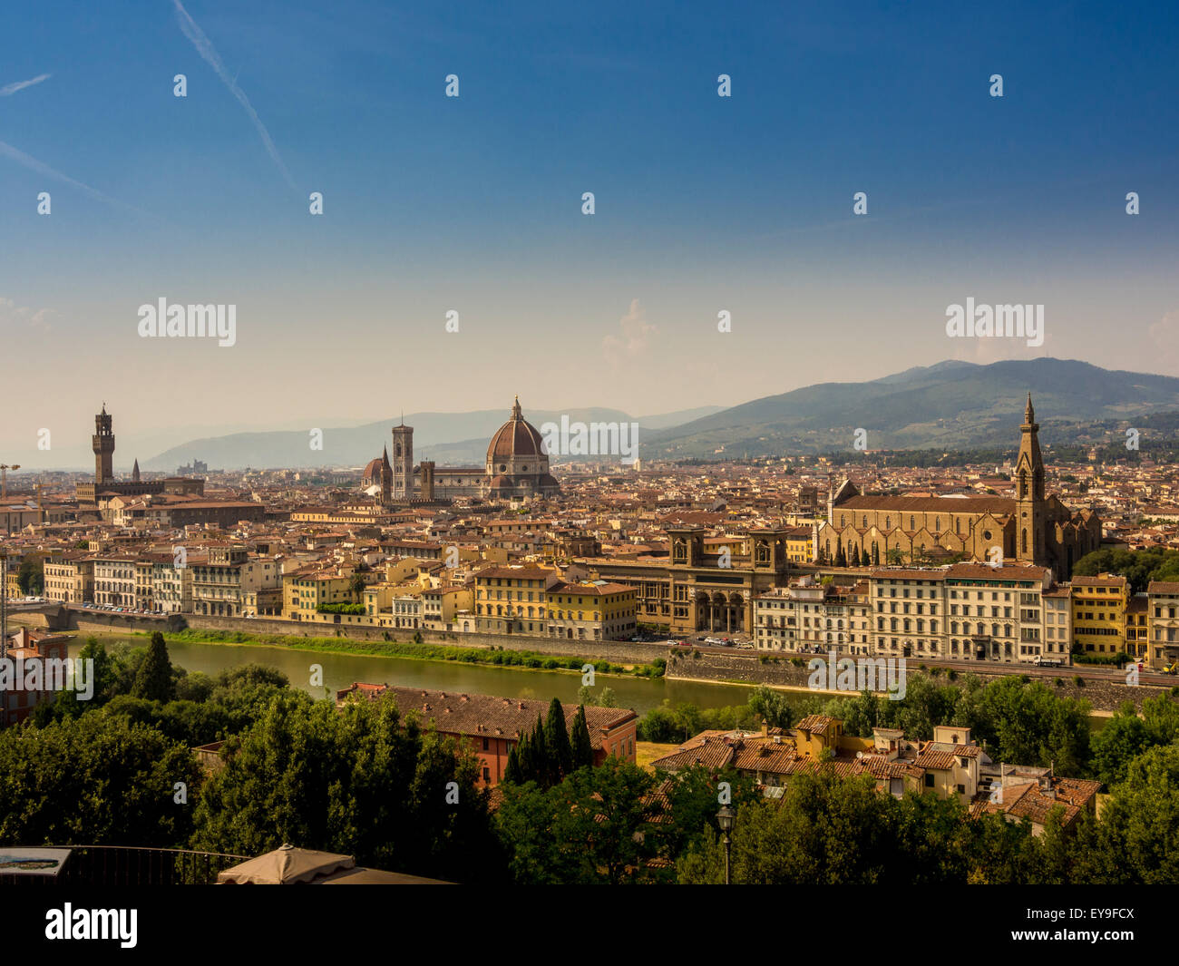 Florence Cathedral, Palazzo Vecchio and Santa Croce shot Piazzale Michelangelo. Florence, Italy. Stock Photo