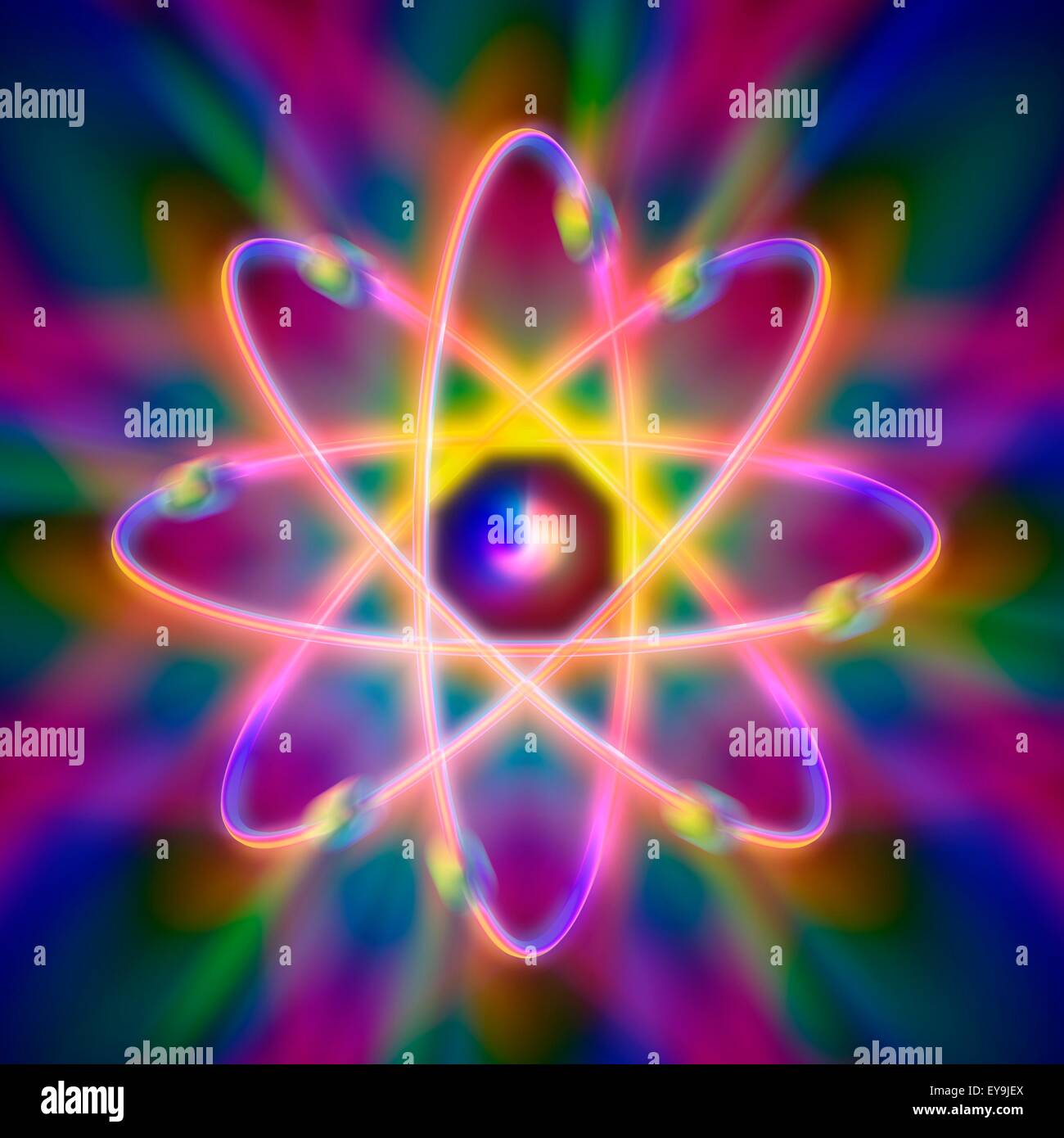 Atomic structure. Conceptual computer artwork representing the structure of an atom. Eight electrons are seen orbiting the Stock Photo