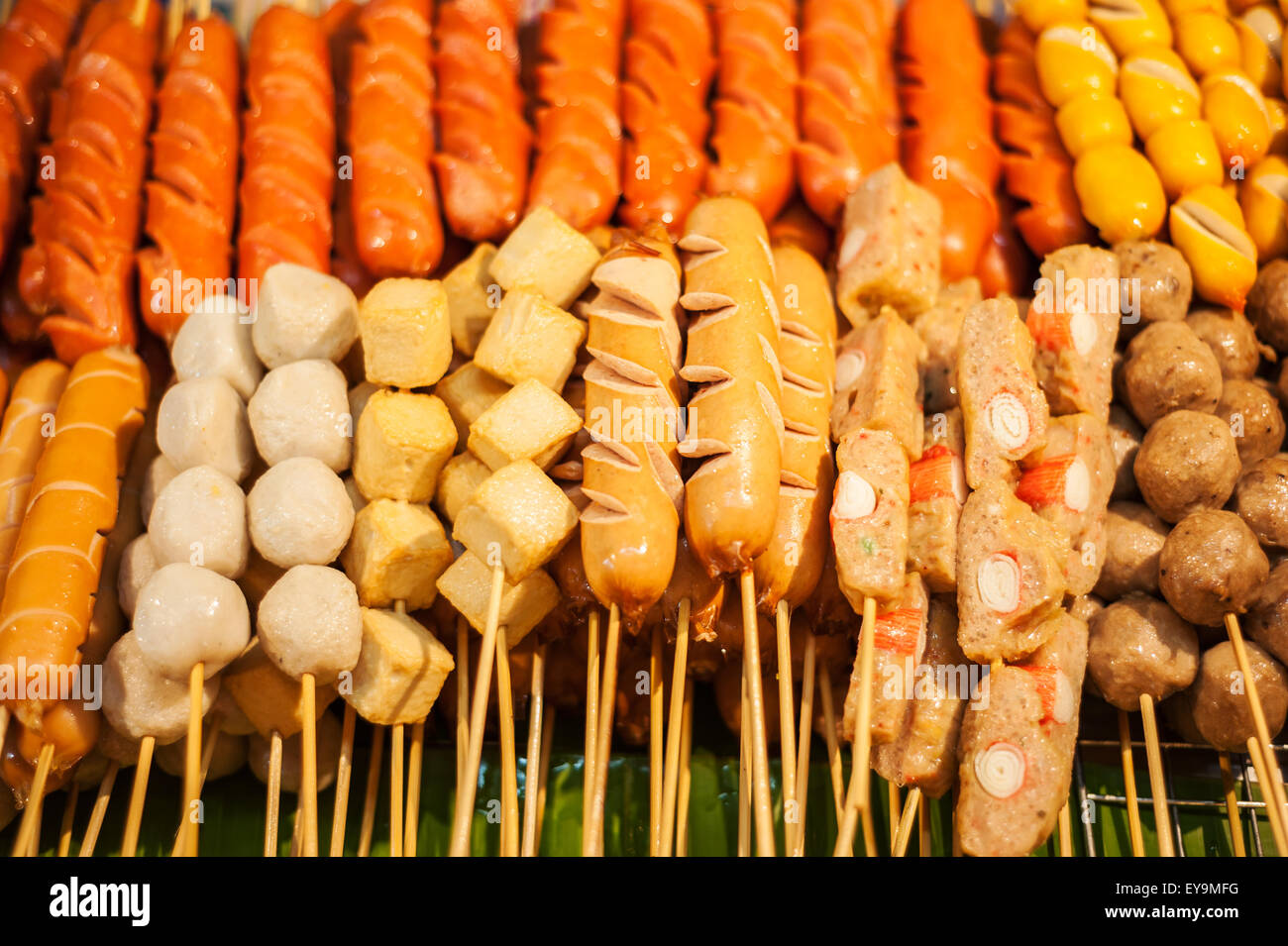 Asia style fried sausage sticks as a popular street food Stock Photo
