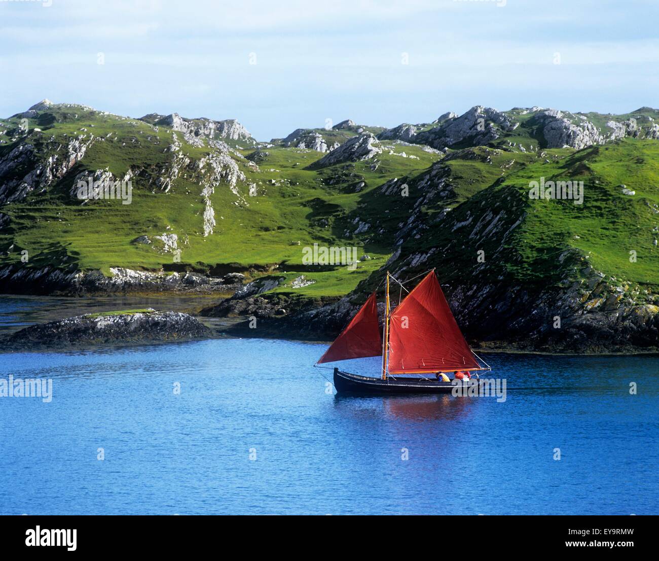 Boat In The Sea, Galway Hooker, County Galway, Republic Of Ireland Stock Photo