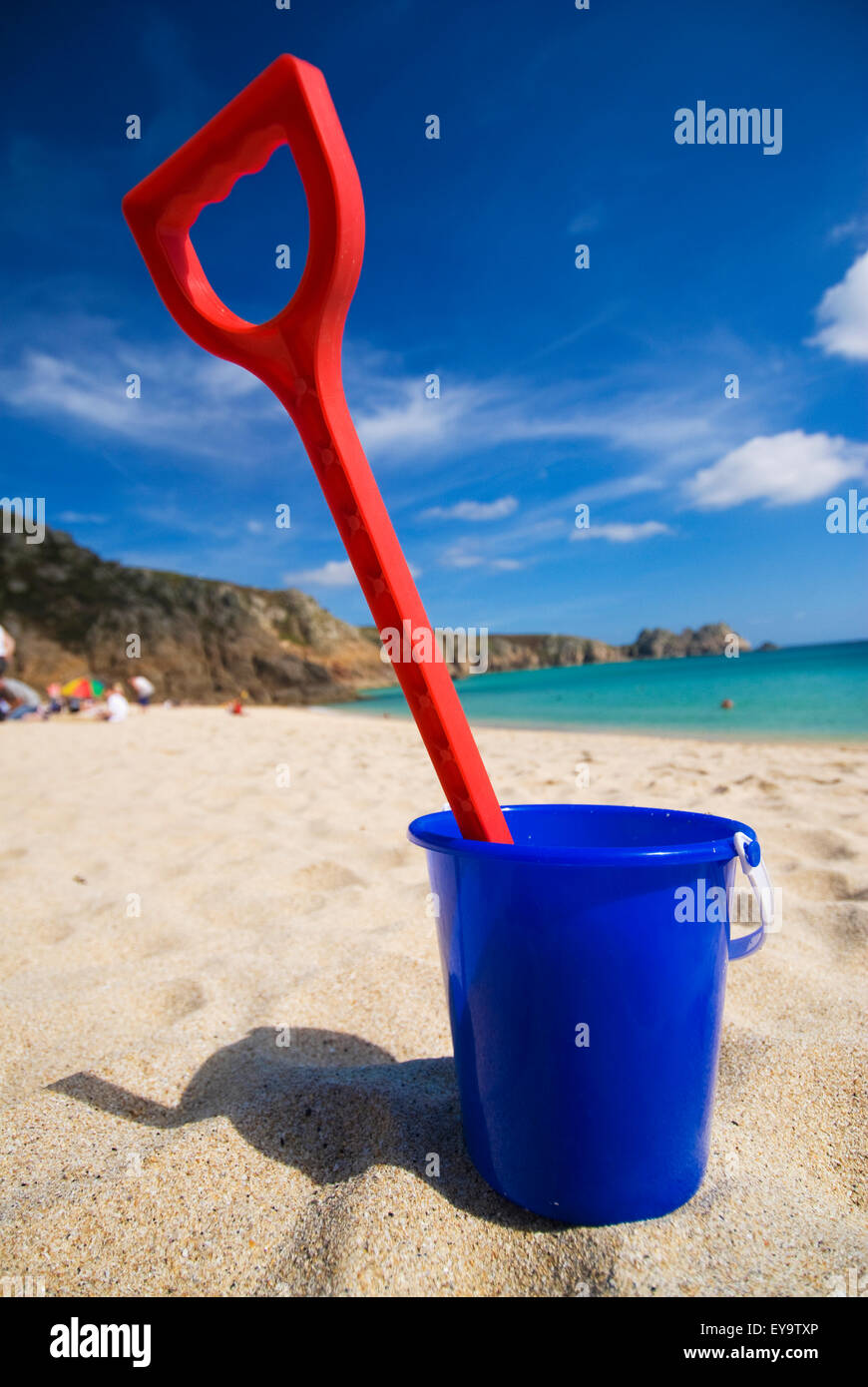 Plastic Bucket And Spade On Porthcurno Beach, Low Angle View Stock