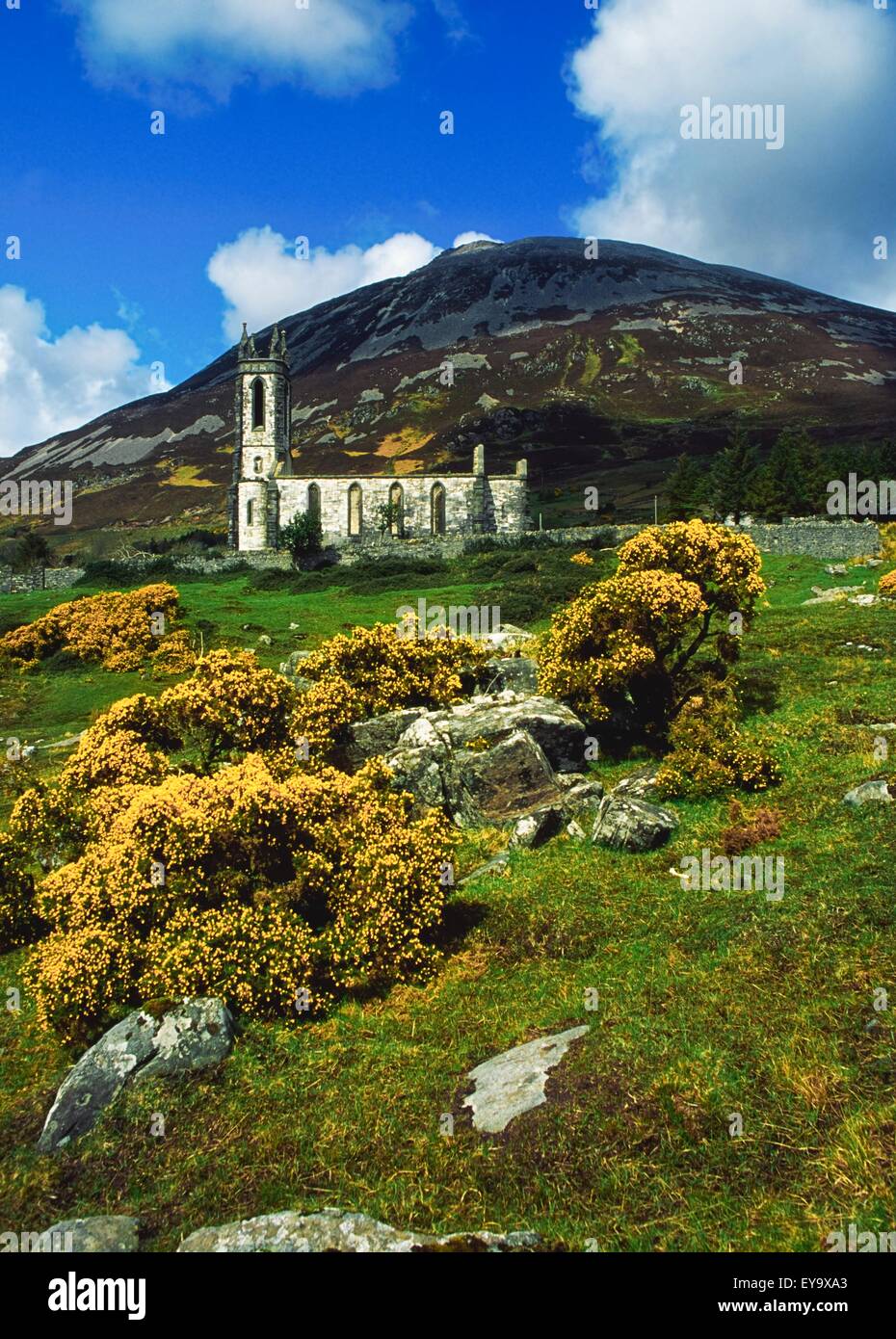 Poisoned Glen, Errigal Mountain, Co Donegal, Ireland; Ruined Church Near Dunlewey Stock Photo