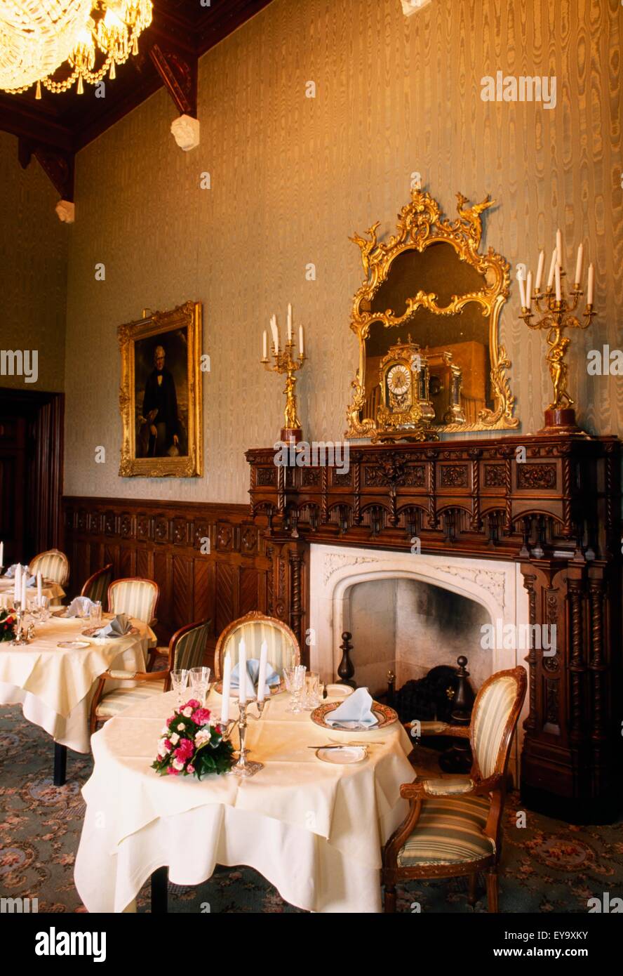 Ashford Castle, Co Mayo, Ireland; Dining Room Of A Hotel In A 13Th Century Castle Stock Photo