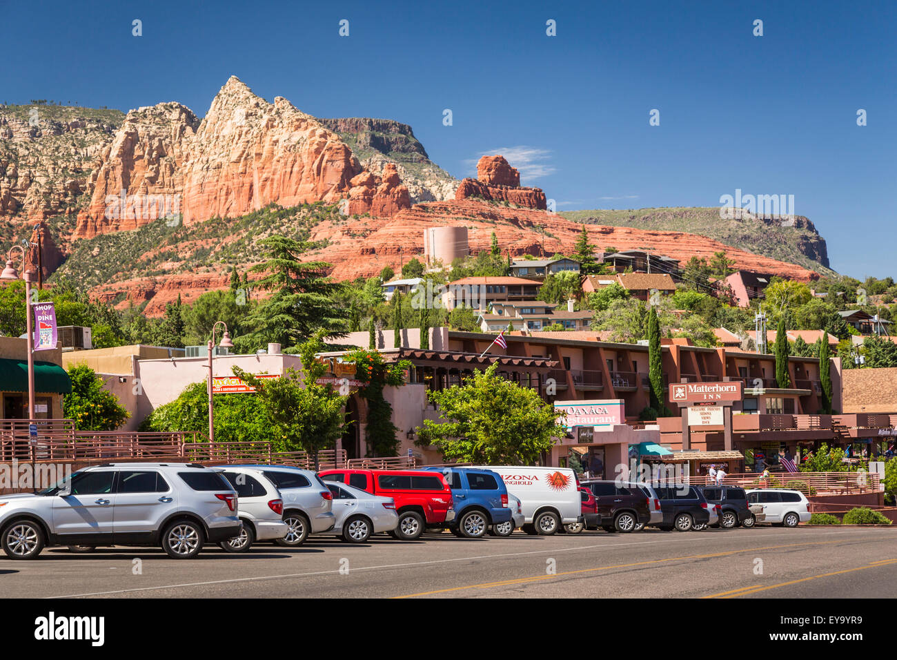 A downtown street with shops and stores in Sedona, Arizona, USA Stock
