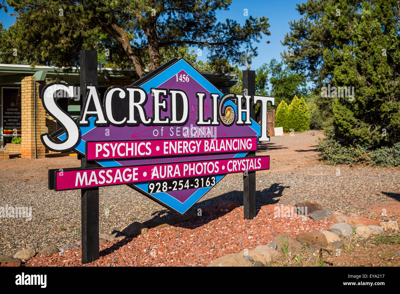 The Sacred Light therapeutic healing center sign in Sedona, Arizona, USA. Stock Photo
