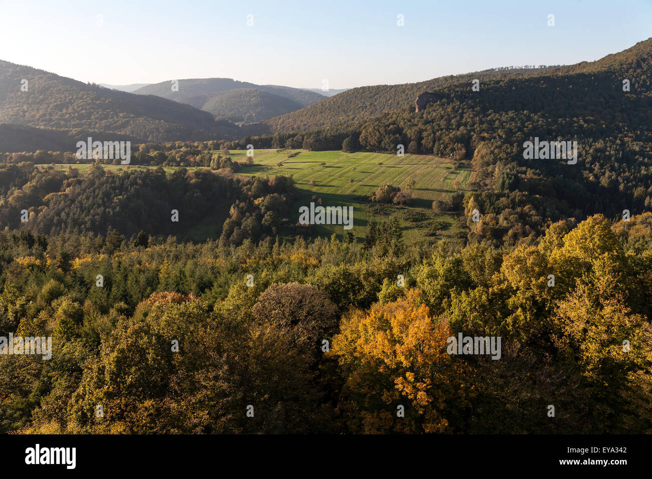 Lembach, France, views over the countryside with the castle Fleckenstein Stock Photo