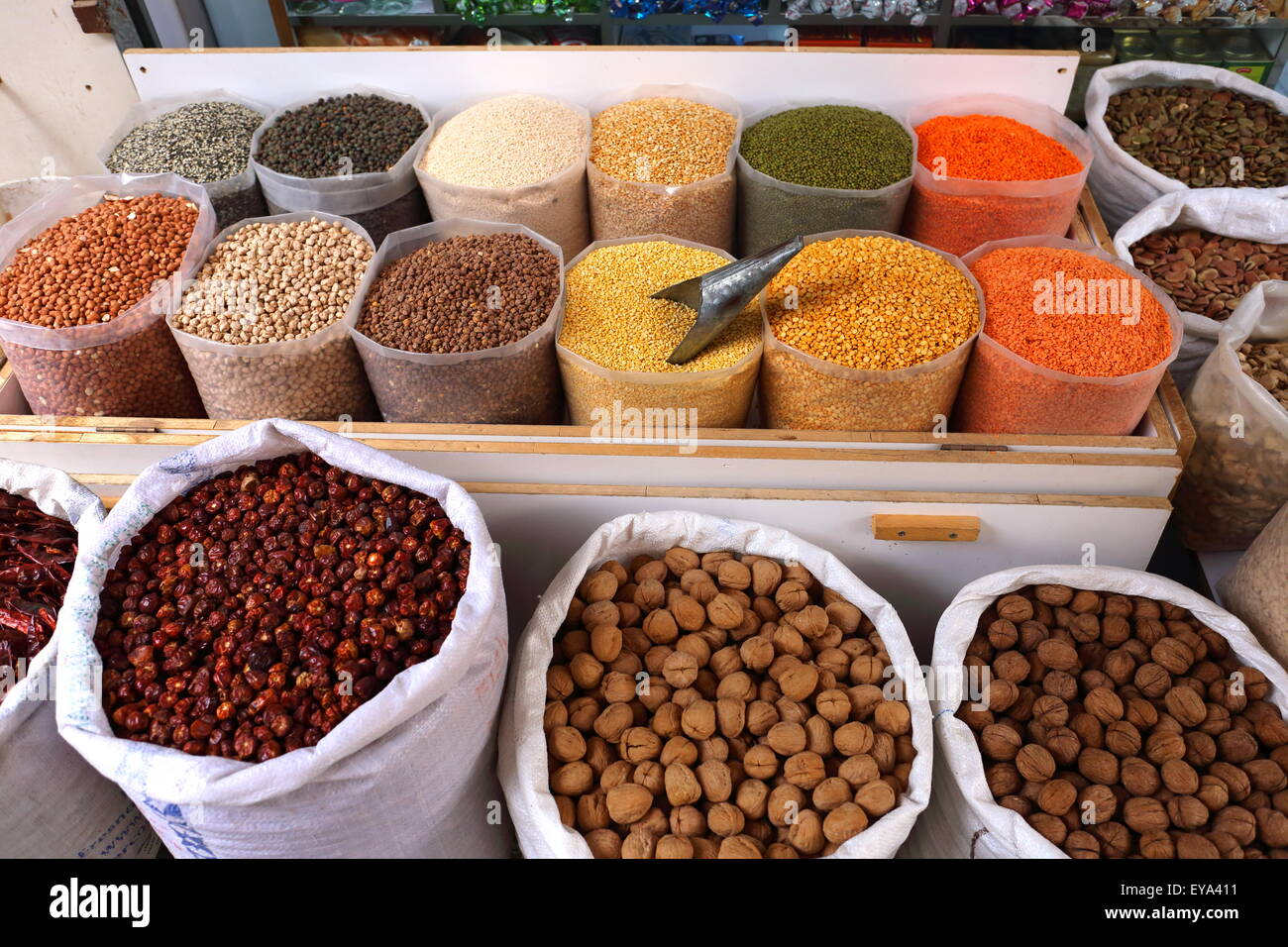 Spices and dried foods in the Manama souk, Kingdom of Bahrain Stock