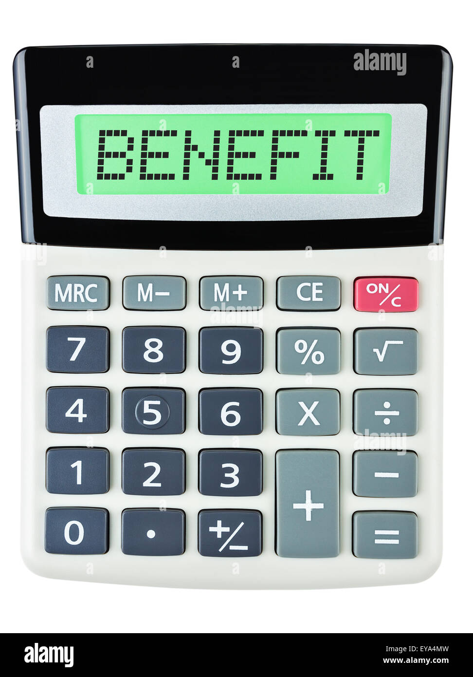 Calculator with BENEFIT on display isolated on white background Stock Photo