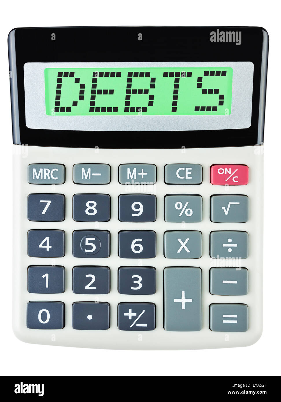 Calculator with Debts on display isolated on white background Stock Photo