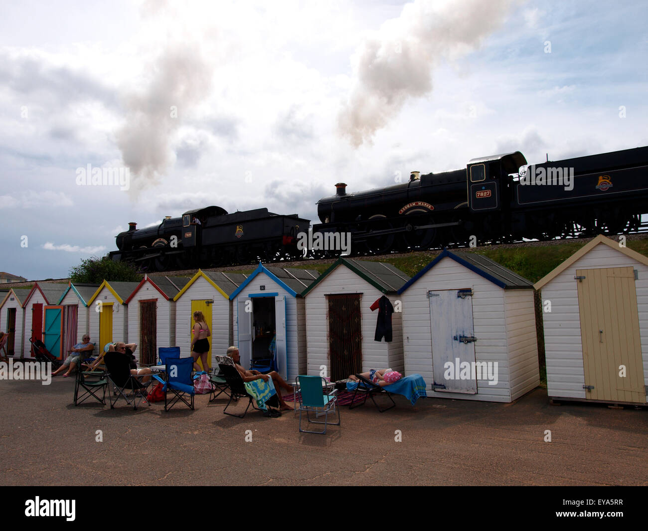A double header, two steam locomotives pulling together on the The Dartmouth Steam Railway at Goodrington Sands, Paignton, Devon Stock Photo