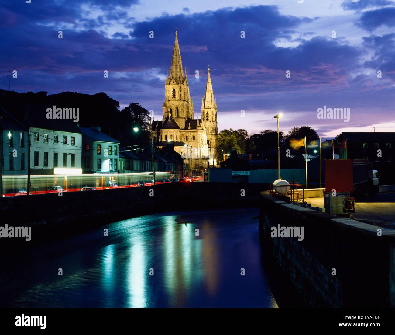 Saint Finbarre's Cathedral, Cork City, County Cork, Ireland, Historic Cathedral Illuminated At Night Stock Photo