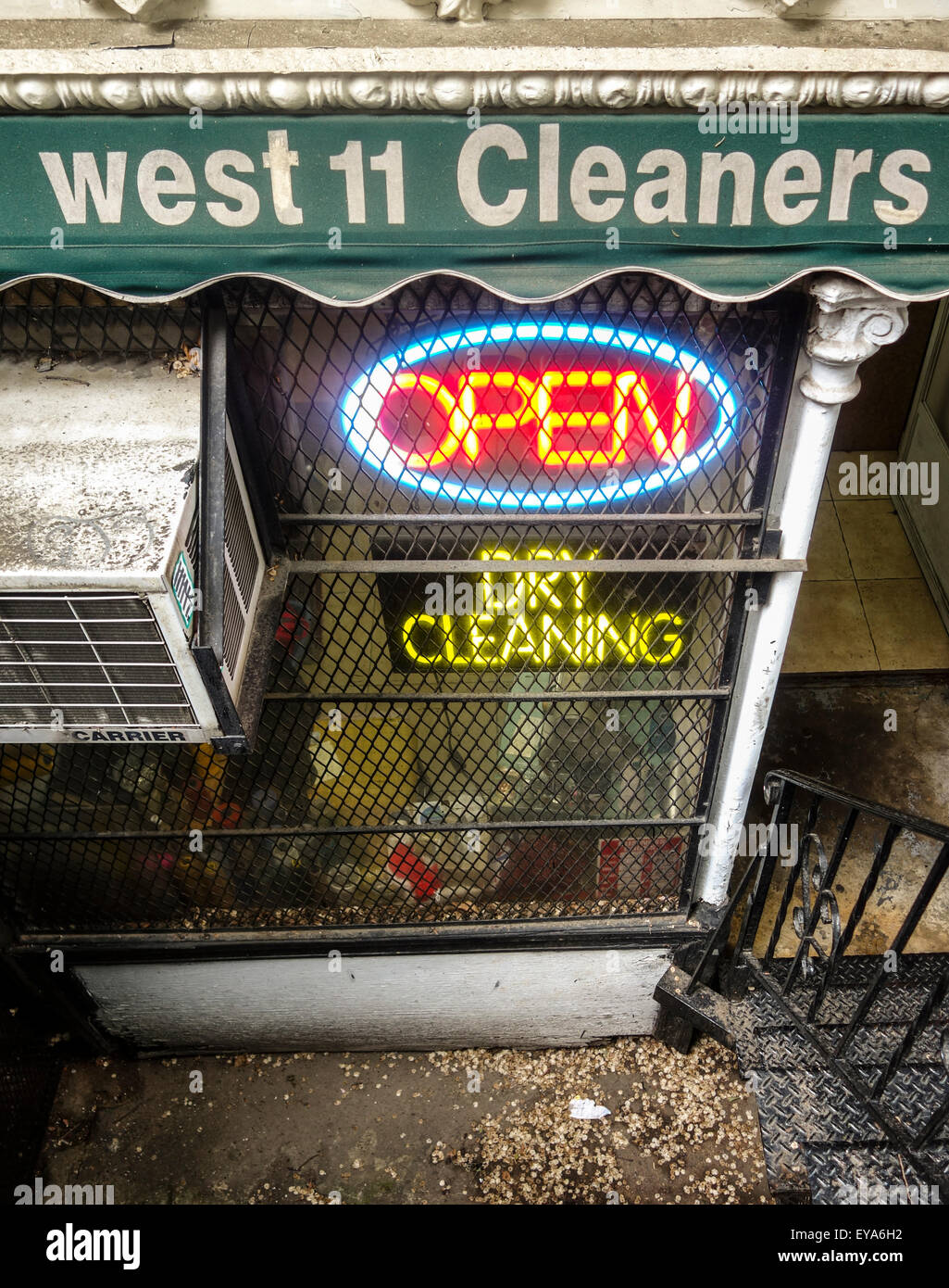 Front of dry Cleaning store, basement shop, New York, United States. Stock Photo