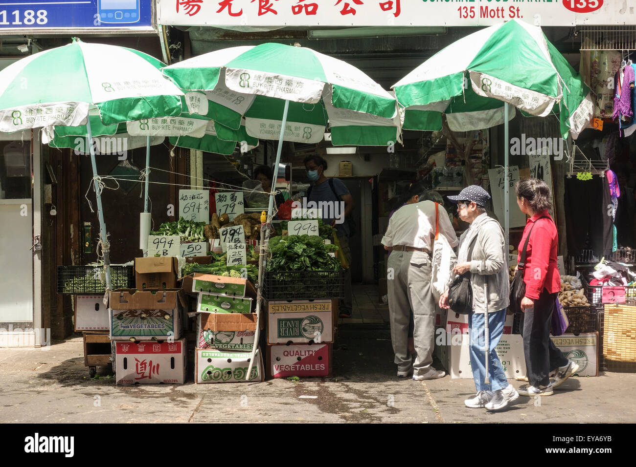 Frontal of Chinese vegetable store in Chinatown, Manhattan, New York City, USA. Stock Photo