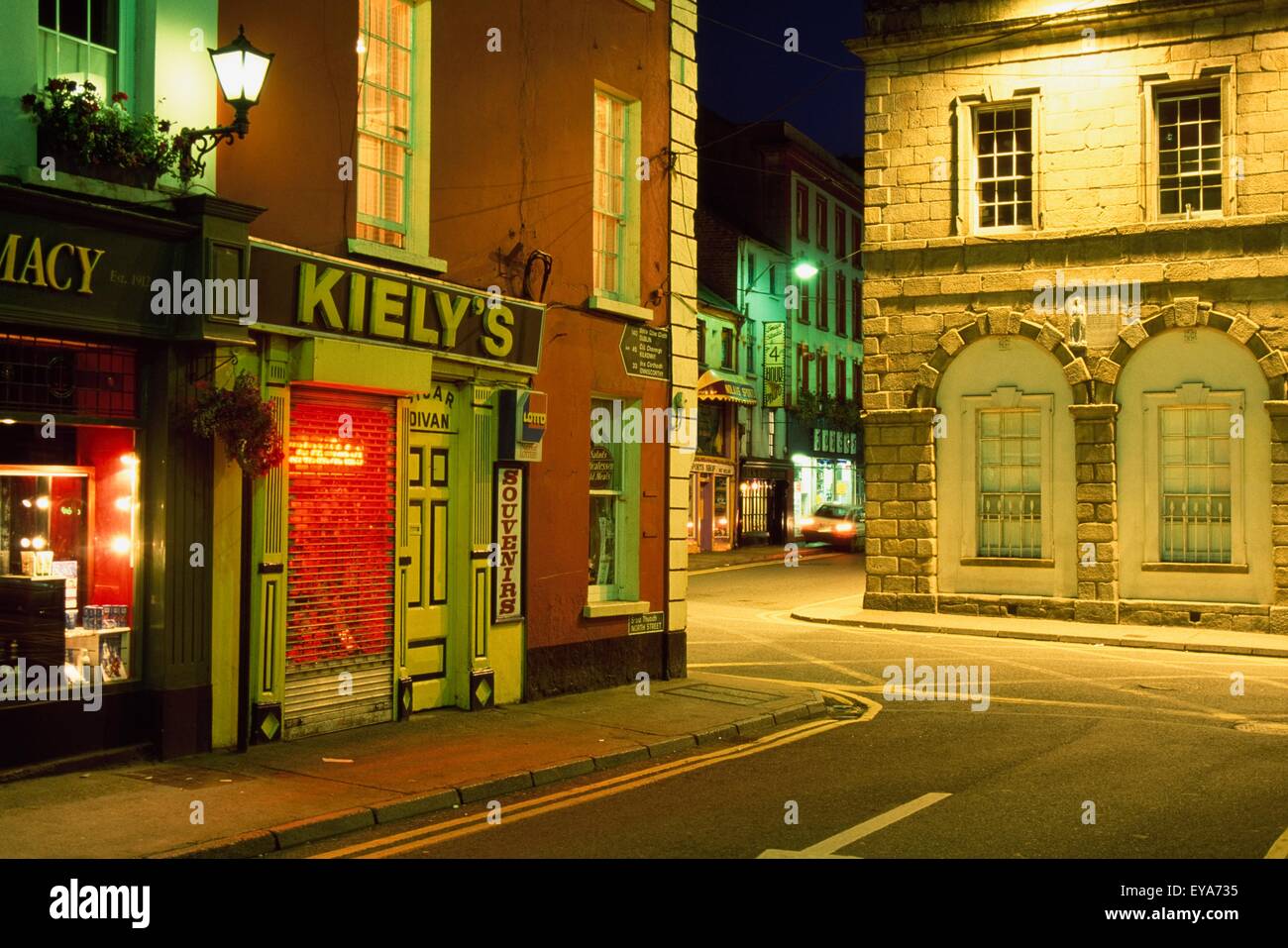 New Ross Town, County Wexford, Ireland; Irish Town Streetscape At Night