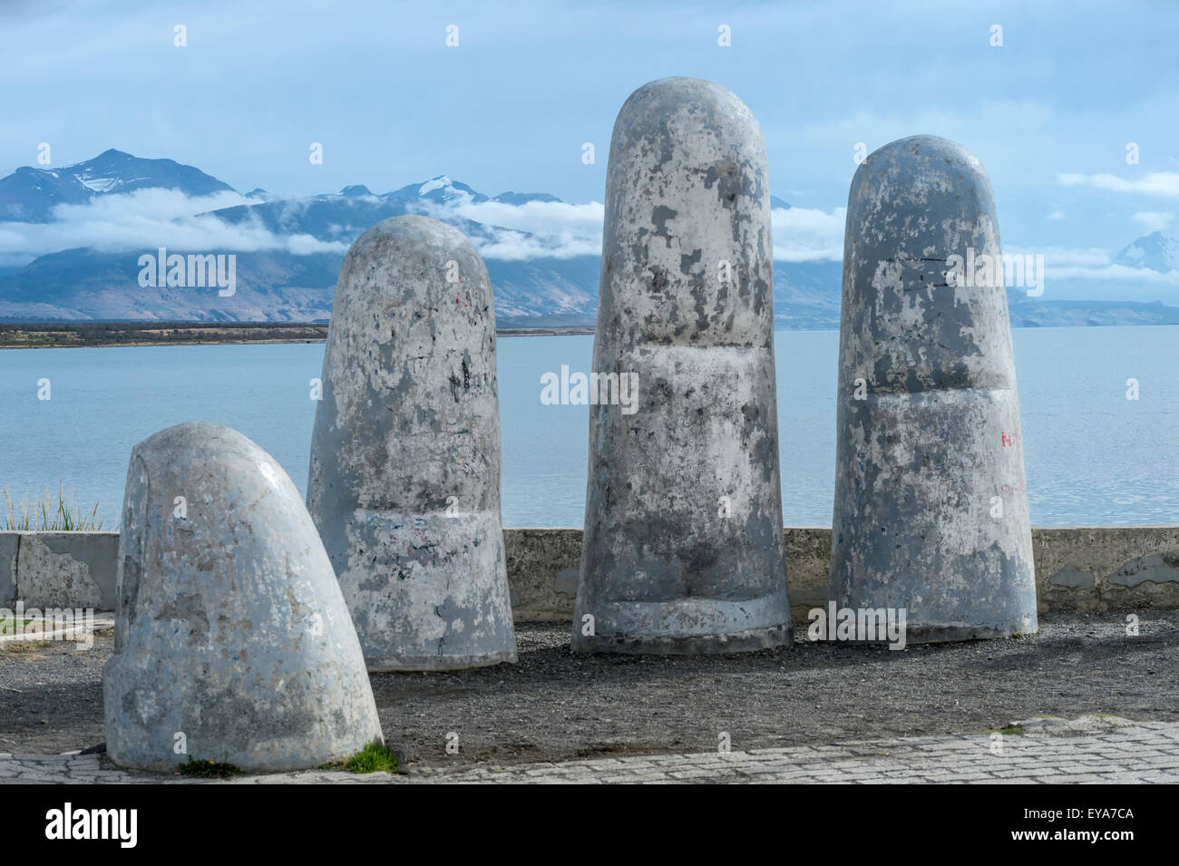 Fingers statue on the waterfront, Puerto Natales, Patagonia, Chile Stock Photo