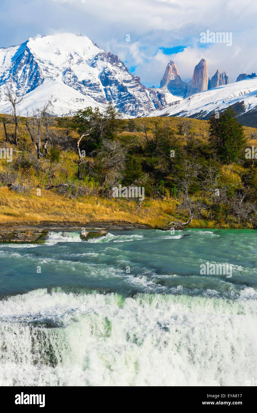 Cascade, Cuernos del Paine behind, Torres del Paine National Park, Chilean Patagonia, Chile Stock Photo