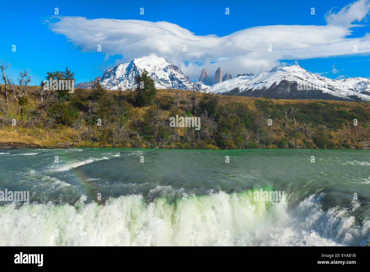 Cascade, Cuernos del Paine behind, Torres del Paine National Park, Chilean Patagonia, Chile Stock Photo