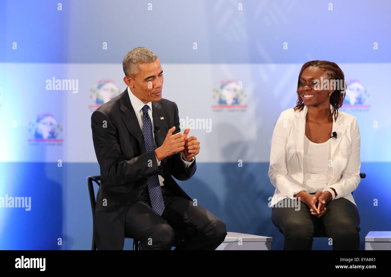 Nairobi, Kenya. 25th July, 2015. U.S. President Barack Obama (L) gestures on the Opening Plenary of the Global Entrepreneurship Summit in Nairobi, Kenya, on July 25, 2015. U.S. President Barack Obama attended the summit on Saturday and hailed Africa's enormous potential. Kenya is the first country in Sub-Saharan Africa to host the summit. (Xinhua/Pan Siwei) (dzl) Credit:  Xinhua/Alamy Live News Stock Photo
