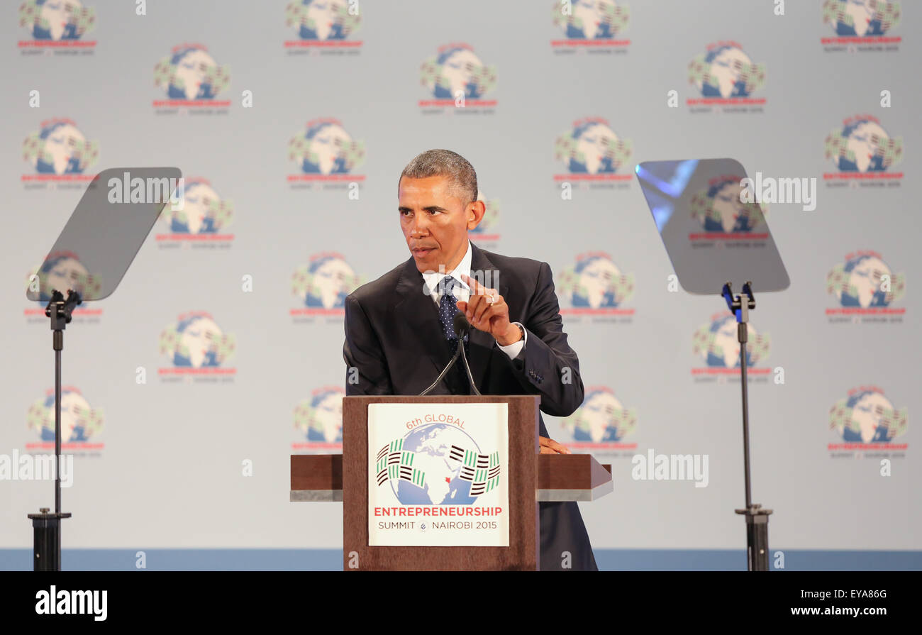 Nairobi, Kenya. 25th July, 2015. U.S. President Barack Obama delivers a speech on the Opening Plenary of the Global Entrepreneurship Summit in Nairobi, Kenya, on July 25, 2015. U.S. President Barack Obama attended the summit on Saturday and hailed Africa's enormous potential. Kenya is the first country in Sub-Saharan Africa to host the summit. (Xinhua/Pan Siwei) (dzl) Credit:  Xinhua/Alamy Live News Stock Photo