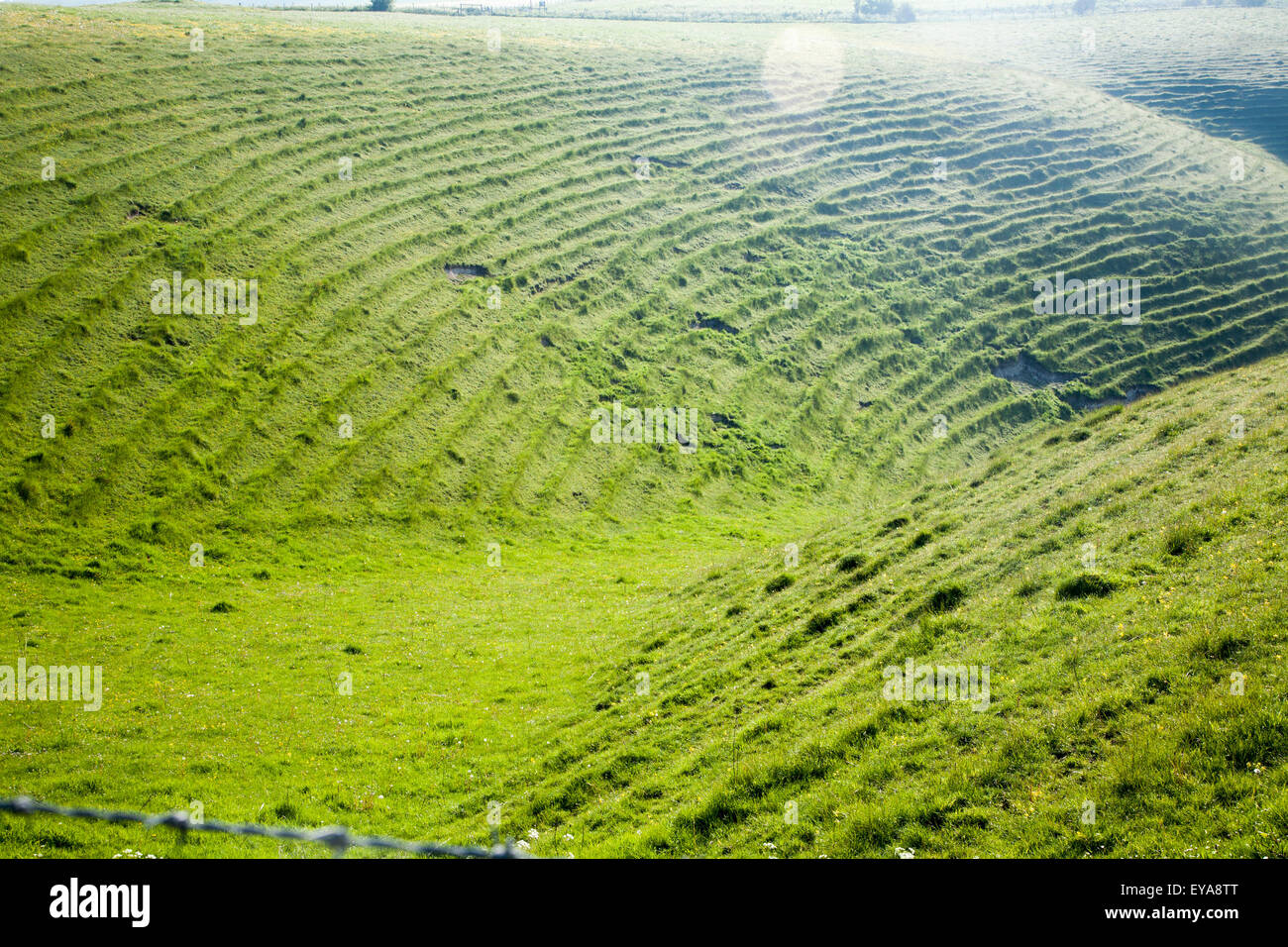 Terracettes on steep slopes in chalk dry valley caused by soil creep, Milk Hill,  Wiltshire, England, UK Stock Photo