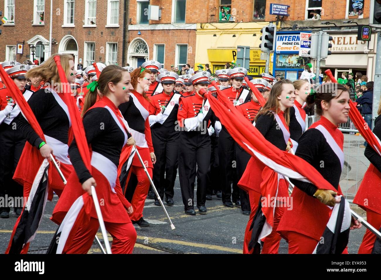 Dublin, Ireland; Young Men And Women Marching With Flags And Uniforms