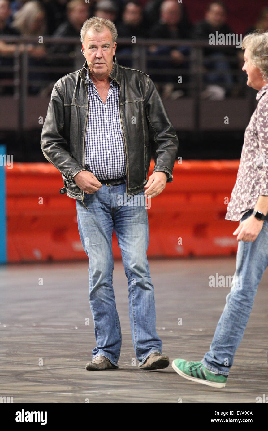 Sydney, Australia. 25 July 2015. Pictured: Jeremy Clarkson and James May. The Sydney show of ‘Clarkson, Hammond and May Live!’ took place at All Phones Arena at Sydney Olympic Park. Credit: Richard Milnes/Alamy Live News Stock Photo