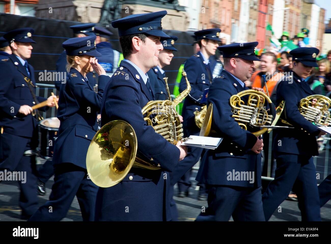 Dublin, Ireland; A Band In A Parade Walking Down O'connell Street Stock
