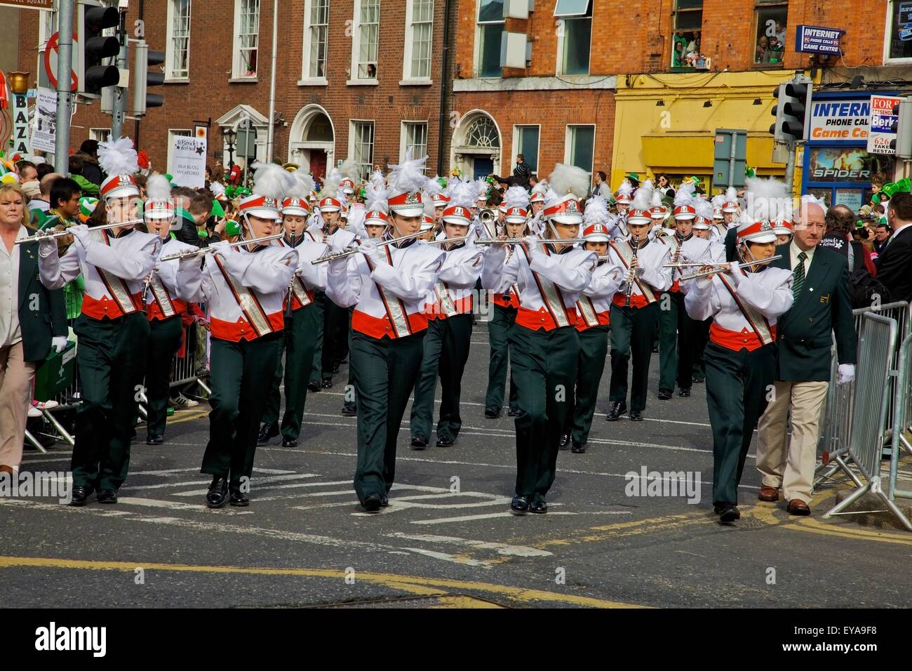 Dublin, Ireland; A Marching Band In A Parade On O'connell Street Stock