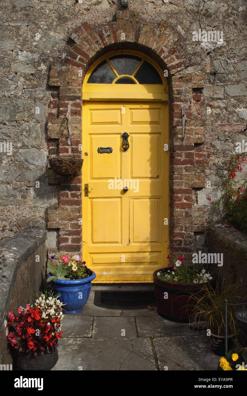 Yellow Door On King Square; Mitchelstown, County Cork, Ireland Stock
