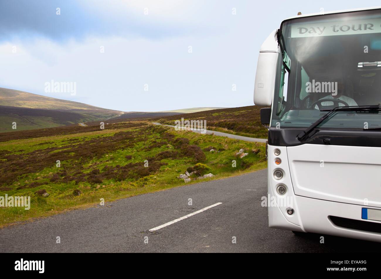 Bus On The Road; Sally Gap, County Wicklow, Ireland Stock Photo