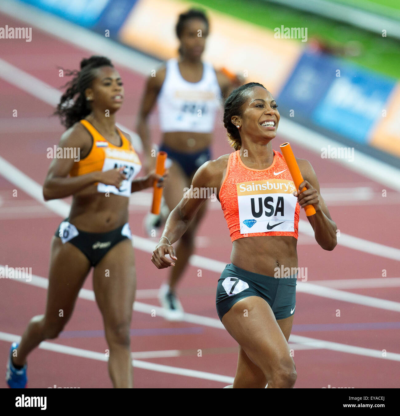 Queen Elizabeth Olympic Park, London, UK. 24th July, 2015. Sainsburys  Anniversary Games. The Womens 4x100 relay team Asha Dina Smith, Jodie  Williams, Bianca Williams and Desiree Henry. © Action Plus Sports/Alamy Live