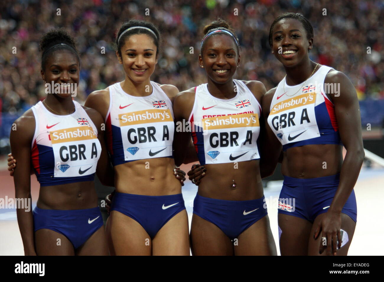 London, UK. 24th July, 2015. Women's 4x100m relay - Team GBR A Dina Asha, Jodie Williams, Bianca Williams, Desiree Henry-Smith in the Sainsbury’s Anniversary Games Diamond League event at The Queen Elizabeth Olympic Park on July 24, 2015 in London, UK Credit:  Grant Burton/Alamy Live News Stock Photo