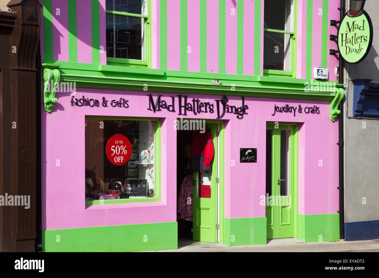Mad Hatters Dingle Shop In A Pink And Green Building; Dingle, County Kerry, Ireland Stock Photo
