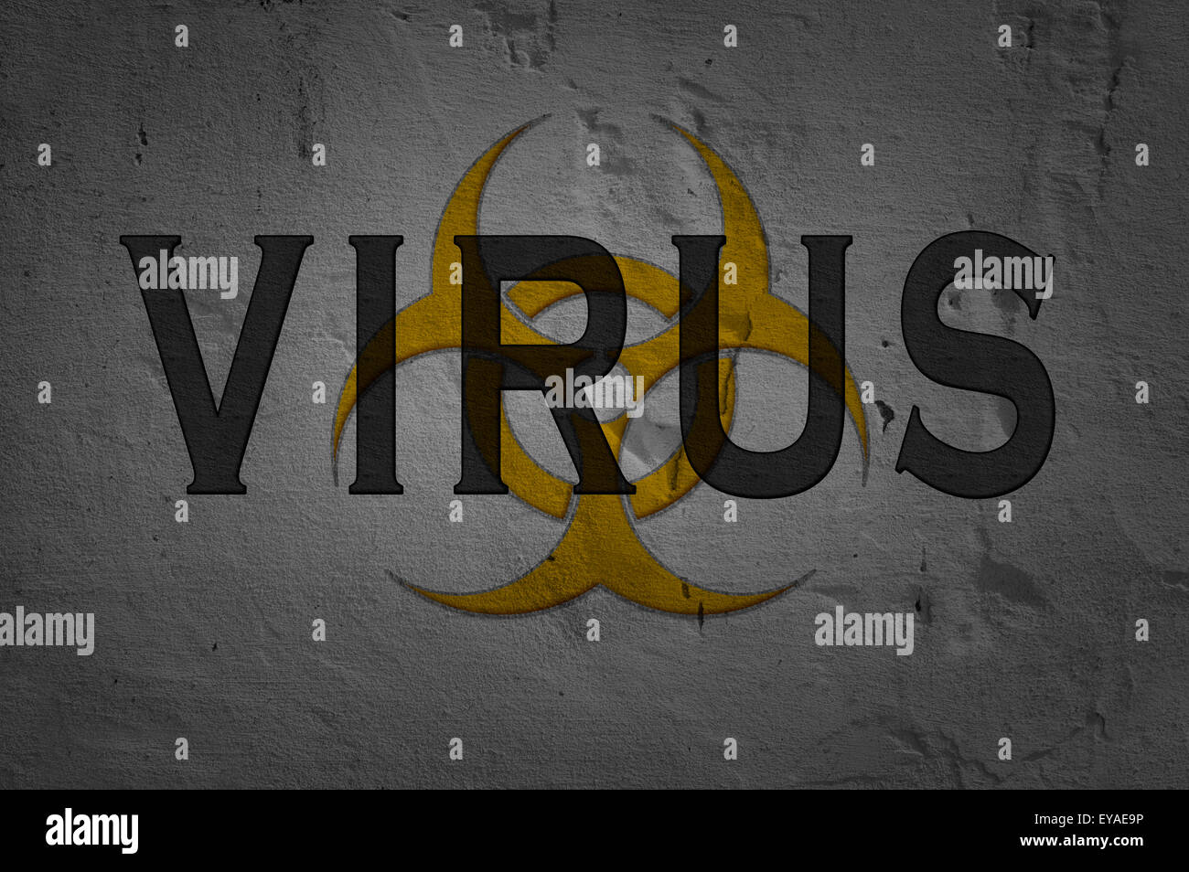 Word Virus isolated on dark background with Biohazard sign. Stock Photo