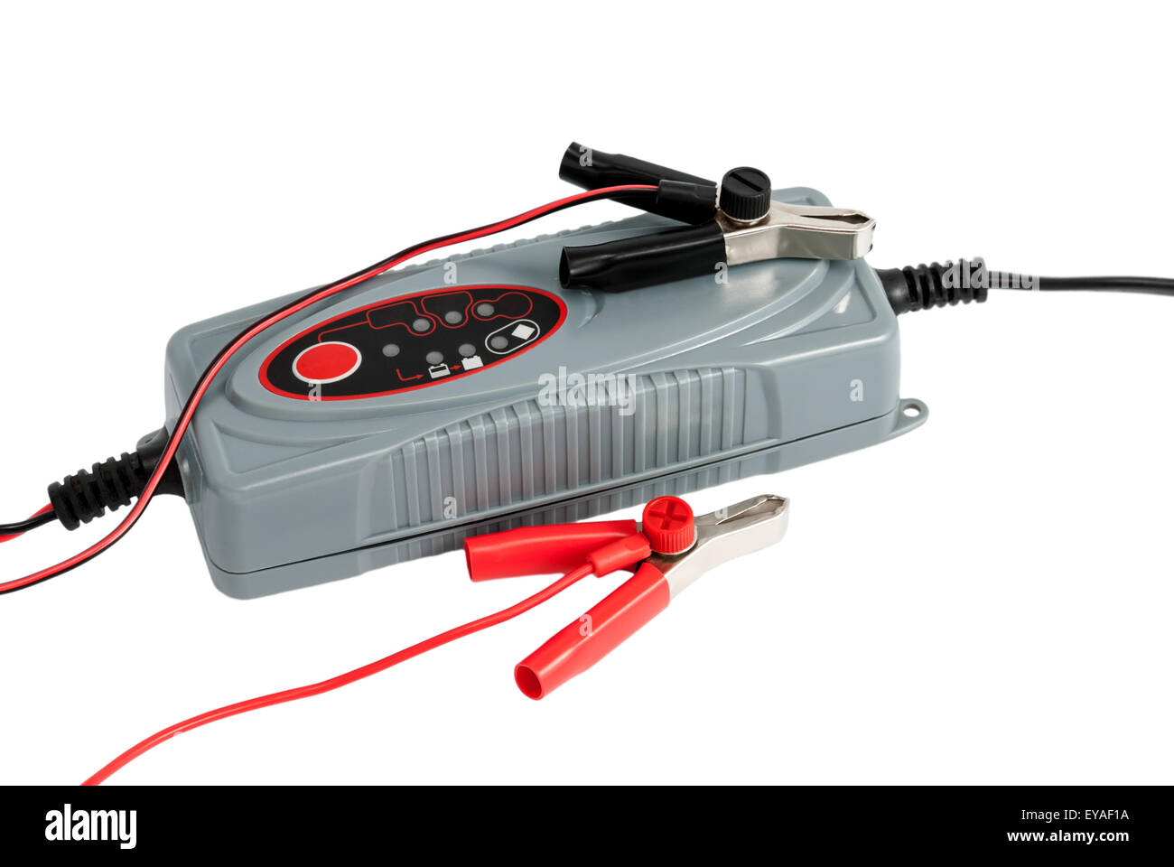 Modern electronic charger for car battery with clamps and jumper cables