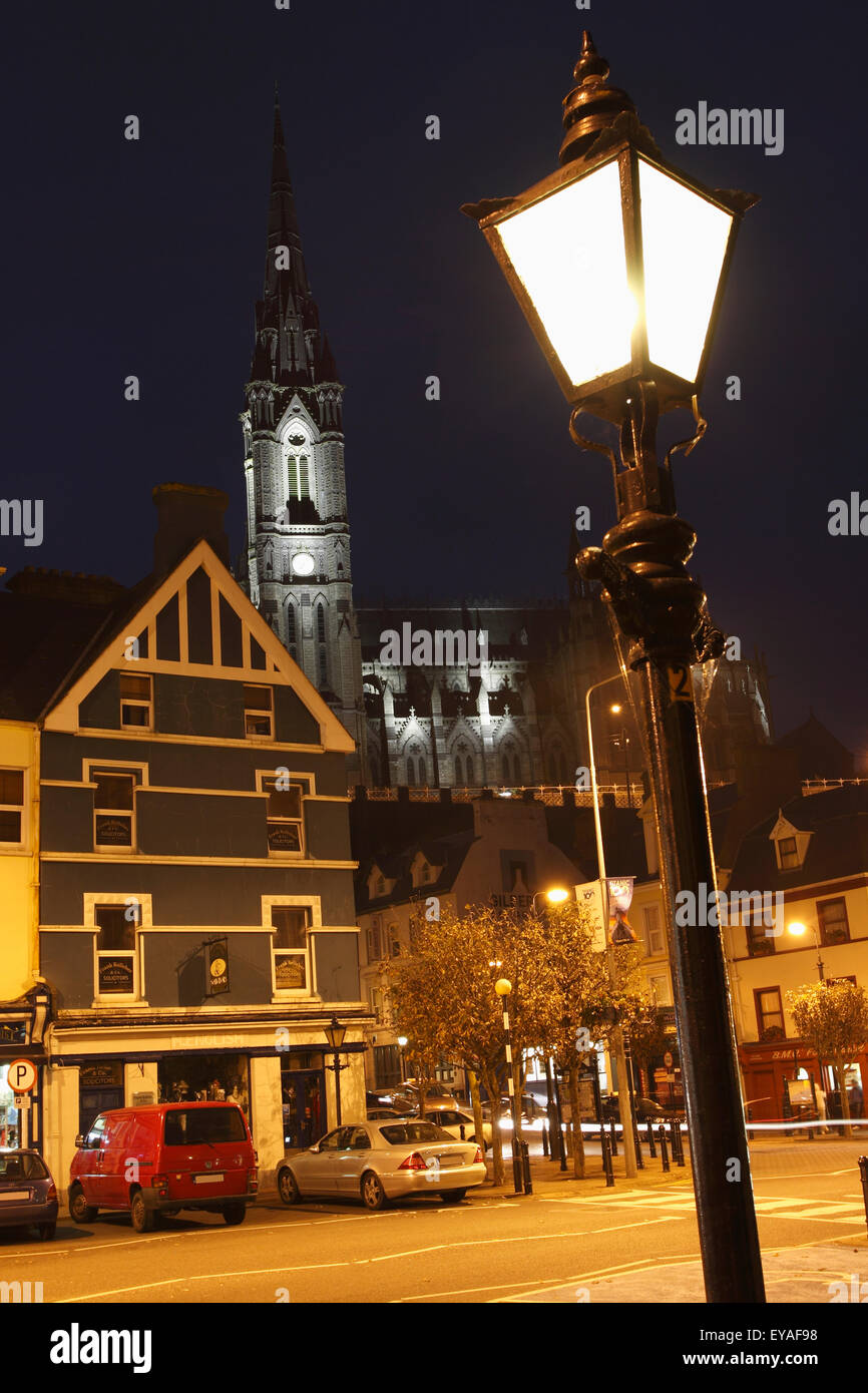 An Illuminated Lamp Post With Buildings And A Lit Tower In The Background;Dublin City County
