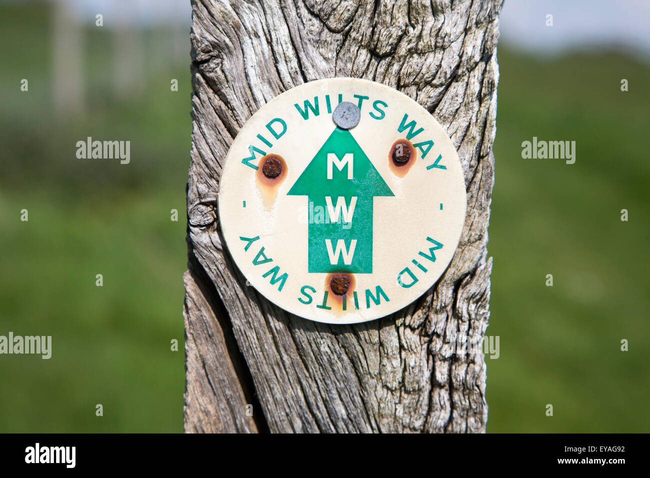 Close up of way marker sign for the Mid Wilts Way footpath route in Wiltshire, England, UK. Stock Photo