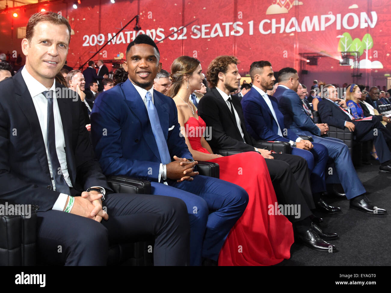 St. Petersburg, Russia. 25th July, 2015. St.Petersburg, Russia. 25th July, 2015. Manager of the German national team Oliver Bierhoff (L) and soccer player Samuel Eto'o sit ahead of the Preliminary Draw for the FIFA World Cup 2018, in St.Petersburg, Russia, 25 July 2015. Photo: MARCUS BRANDT/dpa Credit:  dpa picture alliance/Alamy Live News Stock Photo