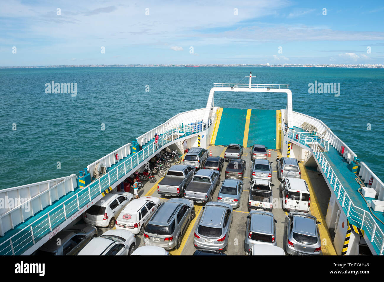 SALVADOR, BRAZIL MARCH 14, 2015 Cars aligned on a ferry crossing the