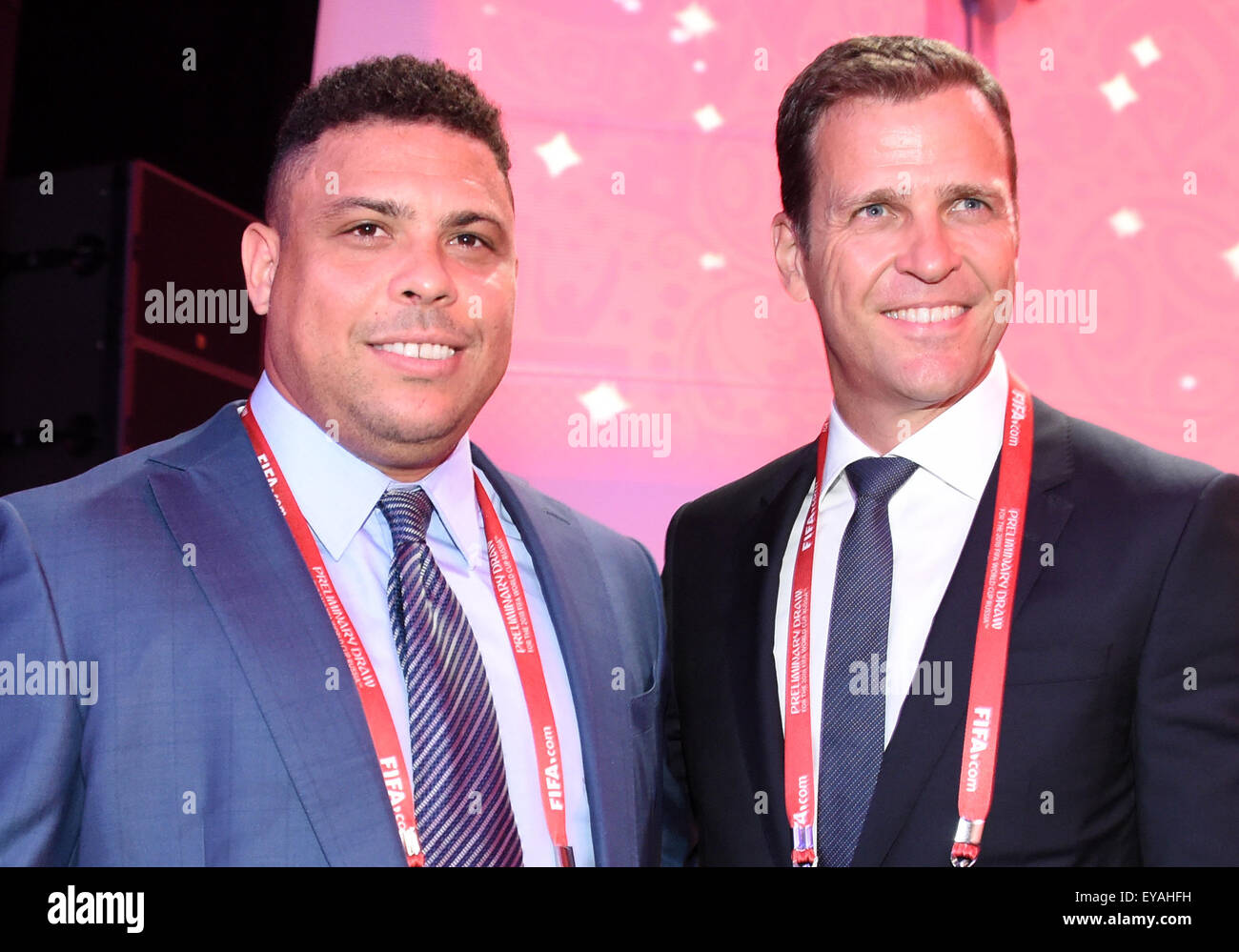 St. Petersburg, Russia. 25th July, 2015. Oliver Bierhoff (R), team manager of the German national soccer team, and former professional soccer player Ronaldo from Brazil attend the Preliminary Draw of the FIFA World Cup 2018 in St. Petersburg, Russia, 25 July 2015. St. Petersburg is one of the host cities of the FIFA World Cup 2018 in Russia which will take place from 14 June until 15 July 2018. Photo: MARCUS BRANDT/dpa Credit:  dpa picture alliance/Alamy Live News Stock Photo